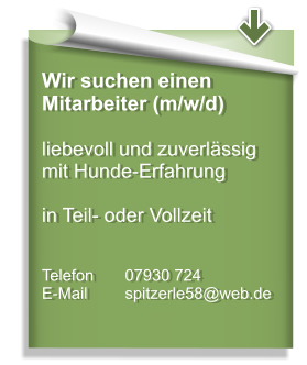 Wir suchen einen Mitarbeiter (m/w/d)  liebevoll und zuverlässig mit Hunde-Erfahrung  in Teil- oder Vollzeit   Telefon	07930 724 E-Mail	spitzerle58@web.de